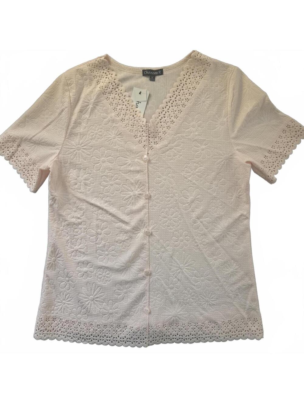 Chances R Women's Size M Cream Floral Eyelet Button Front Short Sleeve Blouse
